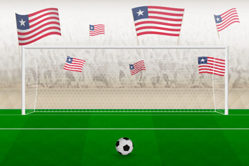 Liberia football team fans with flags of Liberia cheering on stadium, penalty kick concept in a soccer match.