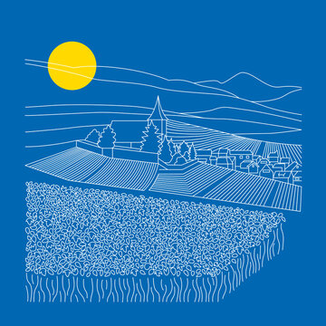 Dessin au trait d'un paysage avec un village, des vignes et des montagnes en fond