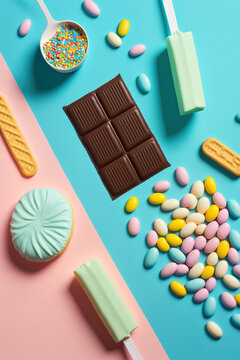 Delicious flat lay snacks, sweets, candies, chocolates and cookies. Delicious illustration  dessert on a pastel background. The diet ends, it's time for a tasty snack. Generative AI.