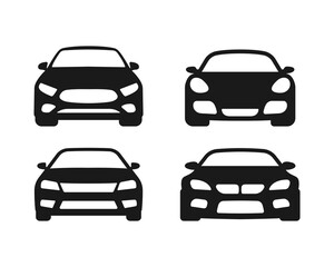 Icons of black cars. Auto vehicle car in front view symbols isolated on white background. Vector EPS 10