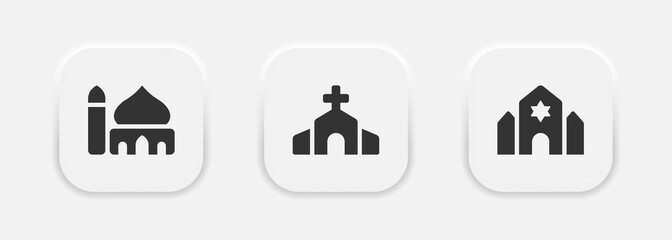 Christian Church, Catholic Cathedral and Muslim Temple icon set. Temples of world different religions symbols in neumorphism style. Vector EPS 10
