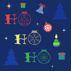 Christmas card with words ho-ho-ho, symbols of Christmas and New Year - Christmas trees, toys, gifts. Template for postcards, invitations, congratulations, web, social networks, print. 