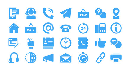 Contact us icon set vector. Communication web icons in solid blue design. Vector EPS 10