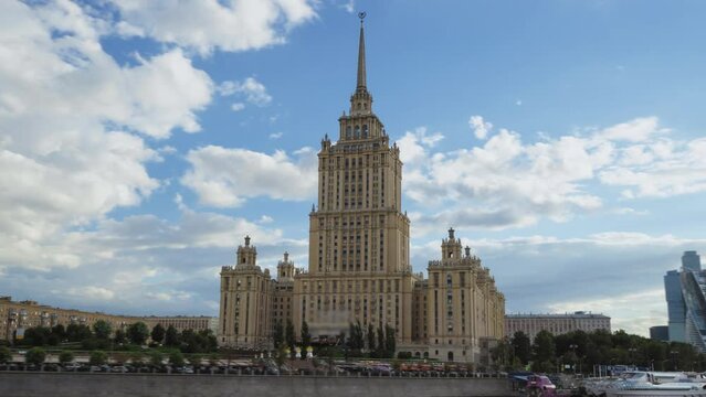 Hyper lapse of the Ukraine Hotel, the Moscow River and City business center, Russia