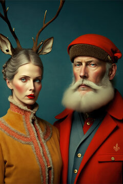 Illustrated family portrait of an elegant man in red suit and woman in vintage yellow dress with deer antlers. Retro atmosphere, abstract concept. A contemporary, modern background. Generative AI.