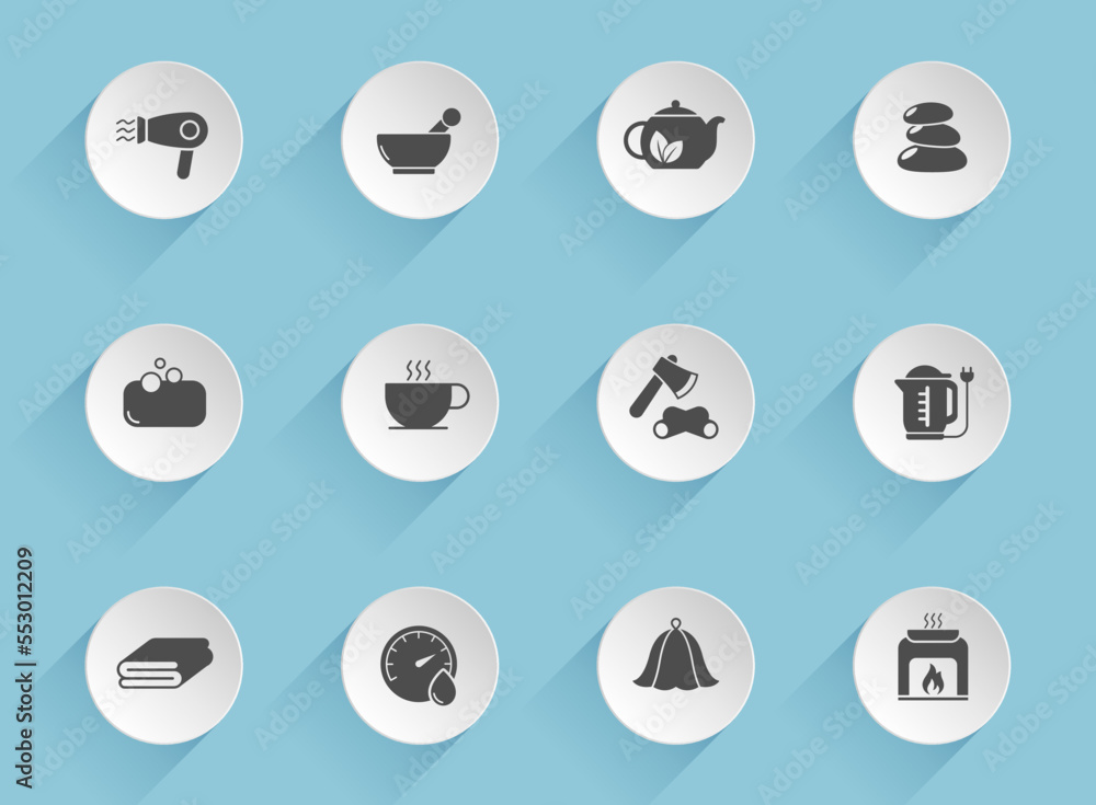 Poster sauna vector icons on round puffy paper circles with transparent shadows on blue background. sauna s