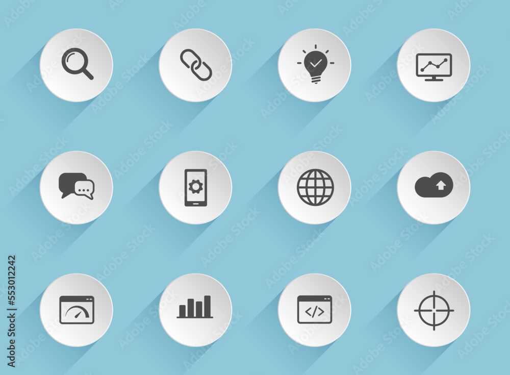 Poster seo vector icons on round puffy paper circles with transparent shadows on blue background. seo stock