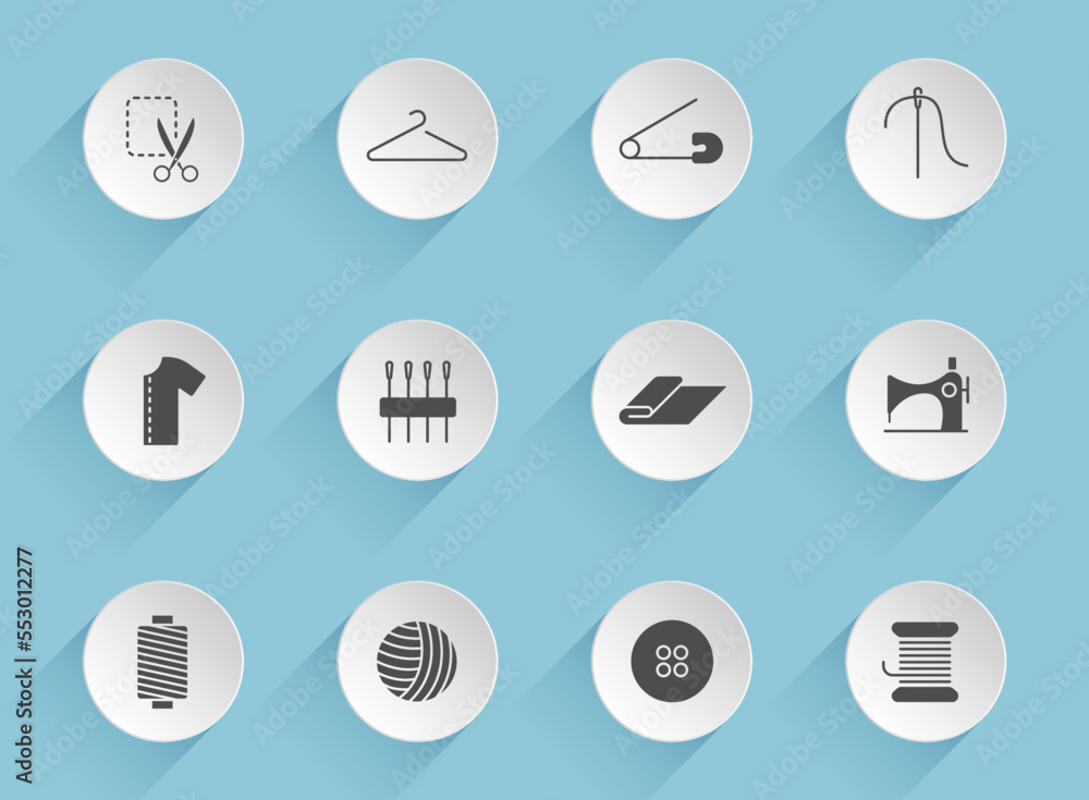 Poster sewing vector icons on round puffy paper circles with transparent shadows on blue background. sewing