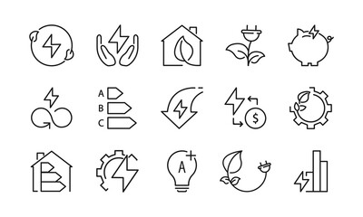 Electricity conservation icons set. Production of energy from environmentally friendly means. Eco green energy symbols. Vector EPS 10