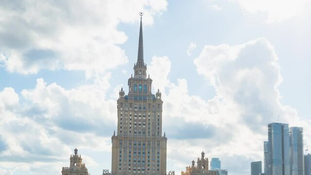 Hyper lapse of the Ukraine Hotel, the Moscow River and City business center, Russia