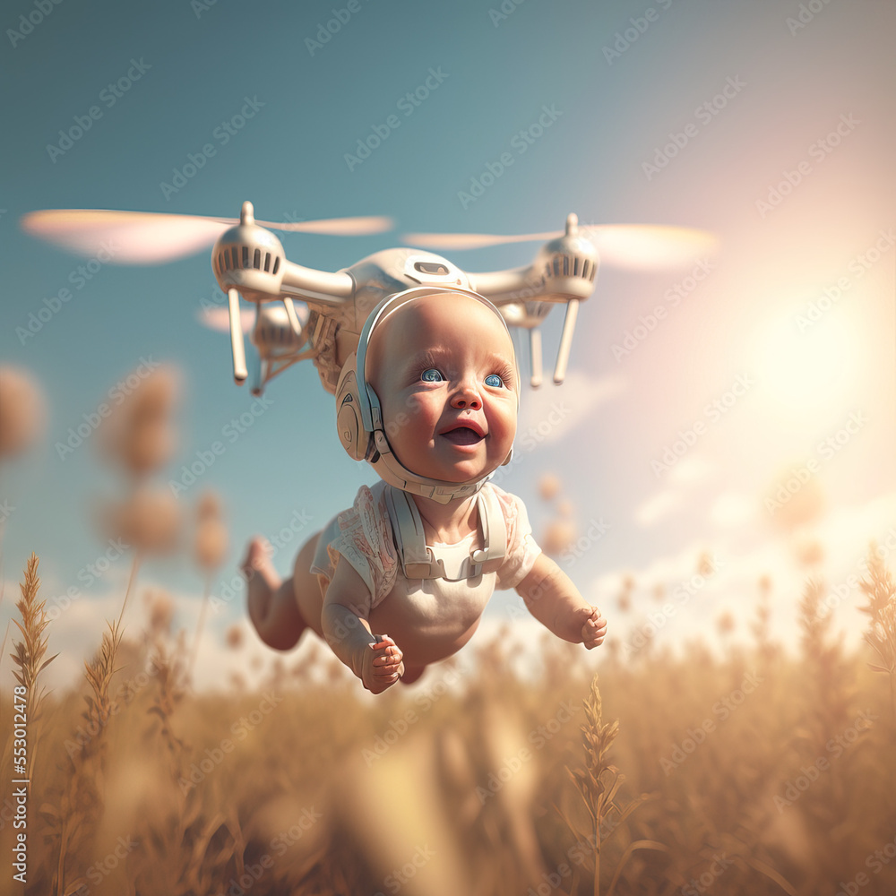 Wall mural little happy smiling baby landing his airship on the ground. a child is coming to earth from the blu