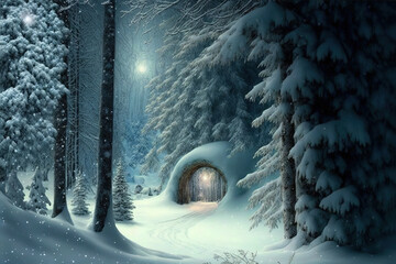 Winter nights outside the city in mountains and conifer dense forests covered with snow. Christmas Illustration landscape background. Holiday happiness. Generative AI.
