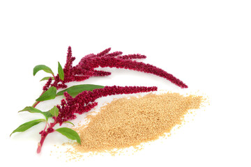 
Amaranth dried grain and amaranthus plant in flower. Nourishing health food gluten free, high in...