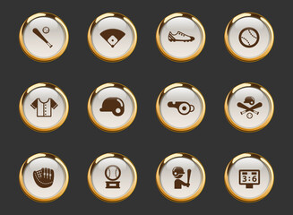 baseball gold-rimmed vector icons on dark background. baseball icons in gold frame for web, mobile and ui design