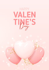 Happy Valentine's Day poster. Vector illustration with pink balloons on golden ribbons, confetti and sparkles. Holiday decoration design with 3d elements for Valentine's Day. Holiday banner.
