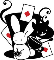 A cartoon rabbit in a hat, with cheshire cat, with a watch and cards. The symbol of the new year 2023 is drawn in the style of Alice in Wonderland