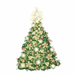 Christmas tree with a star, balls and lights. Green fir or pine, decorated with glowing garlands, ribbons and flowers.