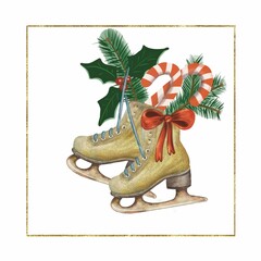Winter holidays card with skates, christmas tree and candys