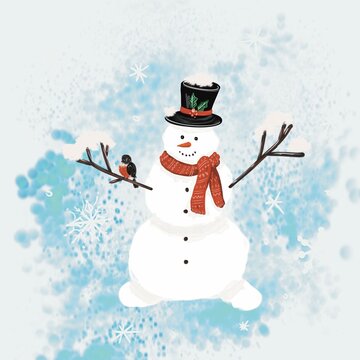 A winter snowman stands on the snow in a hat and scarf with a bird on his hand