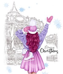 winter print beautiful blonde girl in pink hat and mittens with skates, figure skater, new year's carousels 