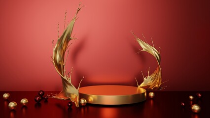 golden podium with gold splash on red background, 3D rendering