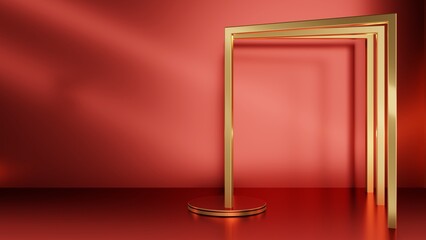 stage with gold frame on red carpet, 3D Render