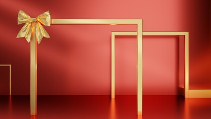 stage with gold frame on red carpet, 3D Render