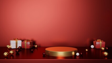 Gold podium on christmas table setting,3D Render