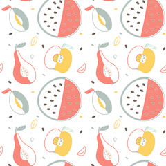 Stylized seamless pattern of fruits: apple, pear, watermelon, plum. Vector juicy pattern, hand-drawn on a transparent background. Layout for fabric, wrapping paper.