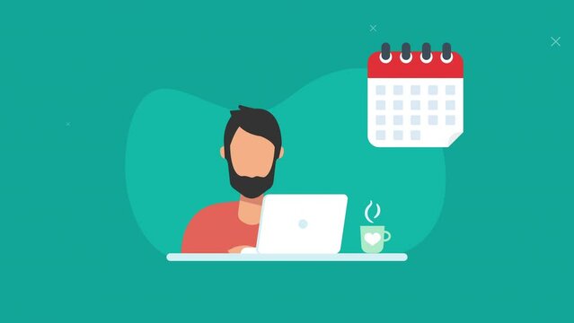 deadline concept animation.Man working on PC animation with calendar.young man sitting with pc and working.freelancer man on computer.freelance working life.
