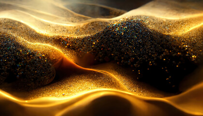Gold sand. Blur glitter. Bokeh light. Desert dune. Defocused yellow black color sparkling grain texture glowing hills illustration collage abstract background.