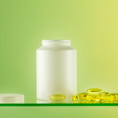 Mockup of natural bio pills, vitamins or supplements on gradient background. White bottle with healthy supplements in gel capsules. Omega 3. Organic vitamins and nutrients. Front view