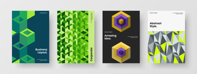 Trendy leaflet A4 design vector illustration composition. Multicolored mosaic hexagons banner concept bundle.