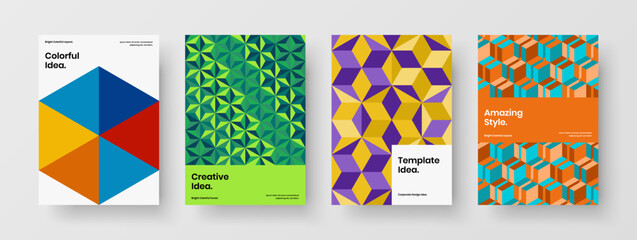Fototapeta na wymiar Bright corporate brochure design vector illustration bundle. Trendy geometric tiles company identity concept collection.