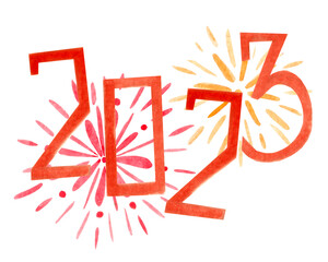 Watercolor red numbers 2023 with bright firework sparkles on white background. Card, poster, for the chinese new year.