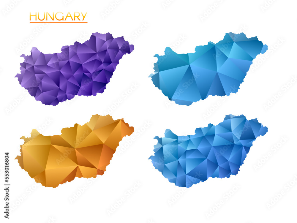 Poster set of vector polygonal maps of hungary. bright gradient map of country in low poly style. multicolo
