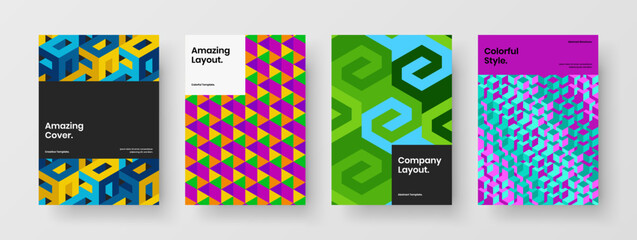 Obraz premium Bright brochure A4 vector design template composition. Vivid geometric tiles annual report illustration collection.