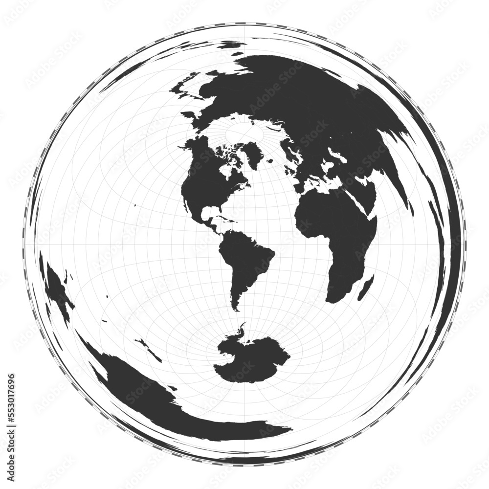 Poster vector world map in azimuthal equidistant projection, featuring geographical details with latitude a