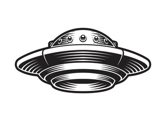 Black and white vector illustration of a flying saucer on a white background