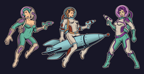 Set of vector vintage illustrations on the theme of space with pin up girls in futuristic astronaut suits