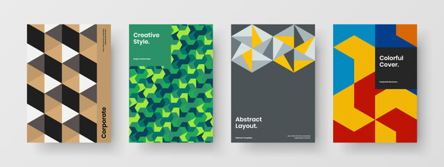 Unique geometric tiles magazine cover layout composition. Vivid placard A4 vector design template bundle.