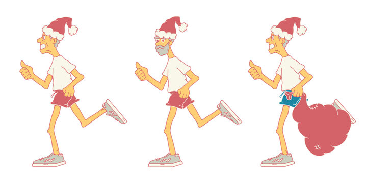 Santa Clauses run in shorts and a T-shirt. Show thumbs up. The concept of New Year holidays. Side view. Stock vector illustration of running Santa Clauses. Isolated white background.