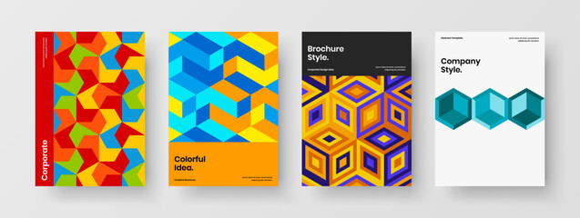 Fototapeta premium Bright mosaic shapes postcard illustration bundle. Multicolored booklet A4 vector design template collection.