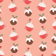 Seamless vector pattern with cute Christmas pudding and hot drink. Winter season dessert theme hand drawn background for packaging, wrapping paper, print, card, gift, fabric, textile, wallpaper.