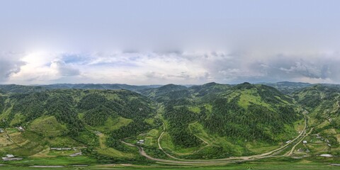 Fototapeta premium VR panorama 360 forest landscape in mountains with village in front. Ukrainian Carpathian Mountains