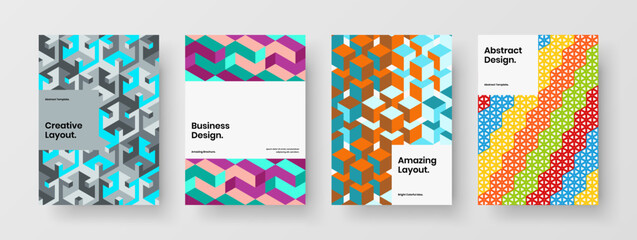 Fototapeta premium Abstract geometric tiles handbill concept set. Bright journal cover A4 vector design layout bundle.