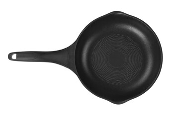 Black textured frying pan top view. Png isolated with transparency