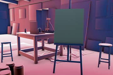 Creative artist workplace room. Artistic equipment in a artist studio. 3D illustration