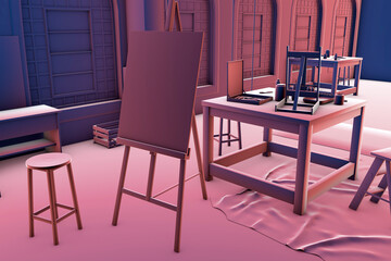 Creative artist workplace room. Artistic equipment in a artist studio. 3D illustration