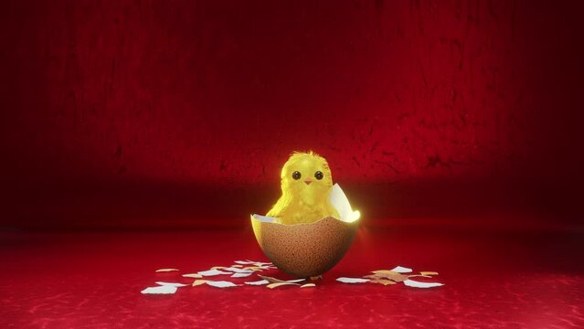 Fluffy little chick hatched from an egg on red background. Happy Easter.